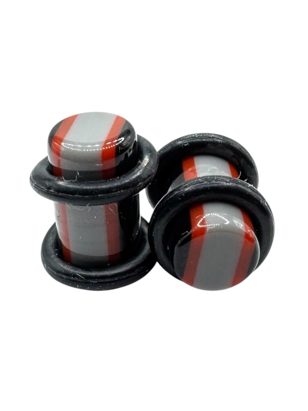 Pair Acrylic Striped Plugs 4g 5mm with O-Rings Red Grey Black Body Jewelry Gauge